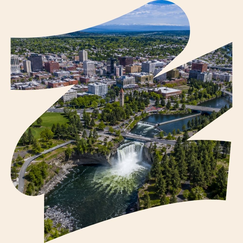 Aerial view of Spokane featuring Riverfront Park, the Spokane River, and downtown
